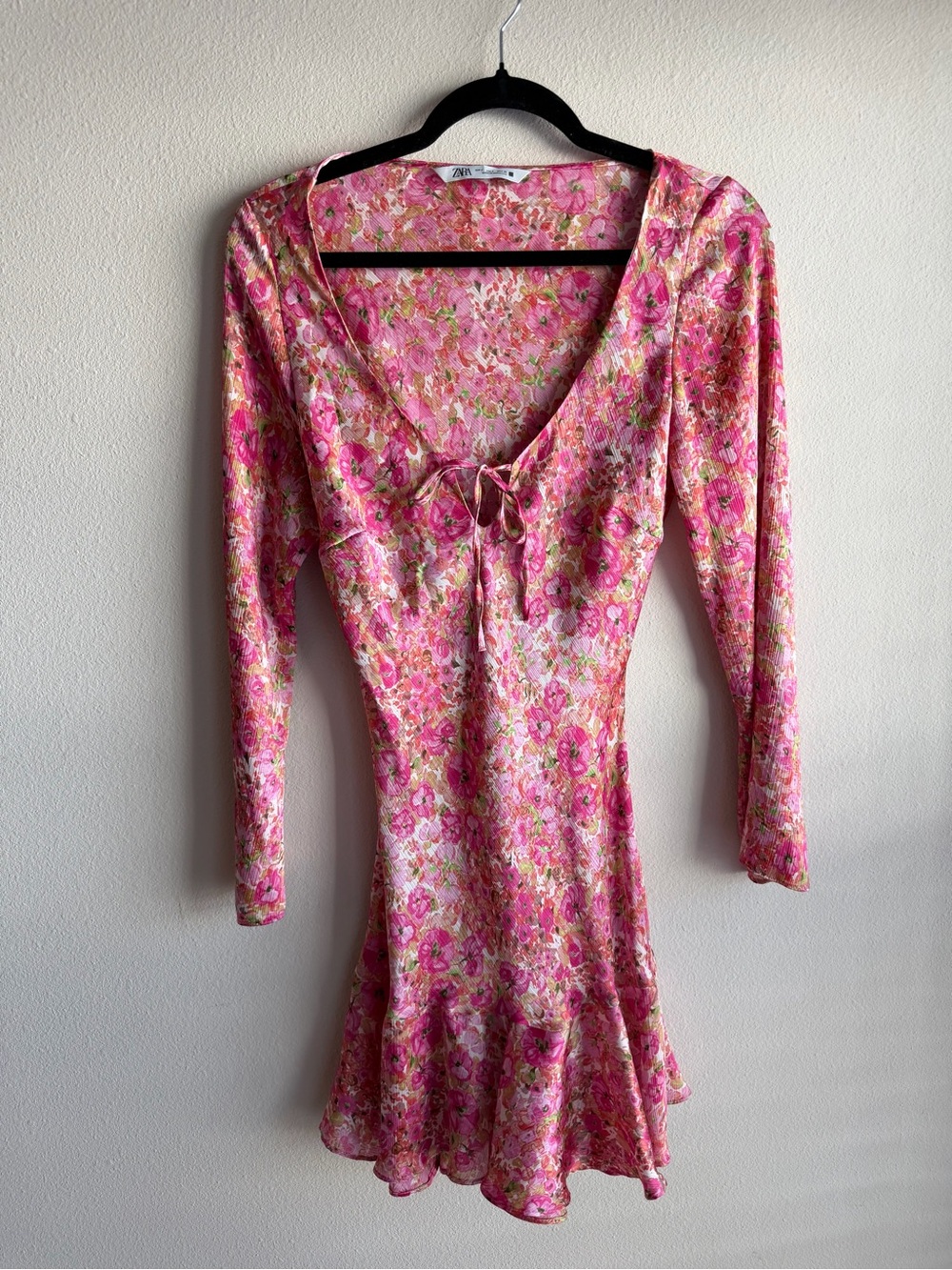 Zara Pink Floral Tie-Front Long Sleeve Mini Dress
